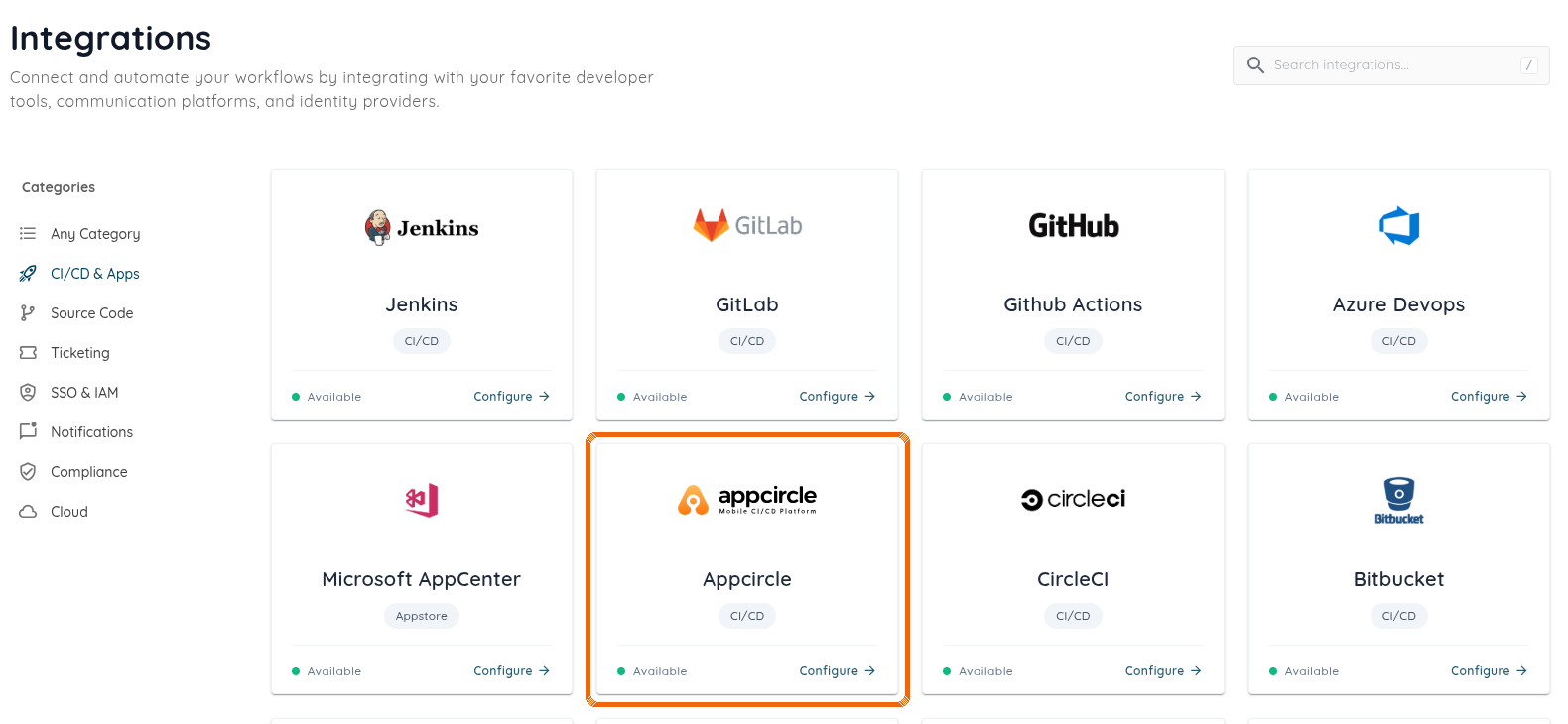 Integrations list with the Appcircle card