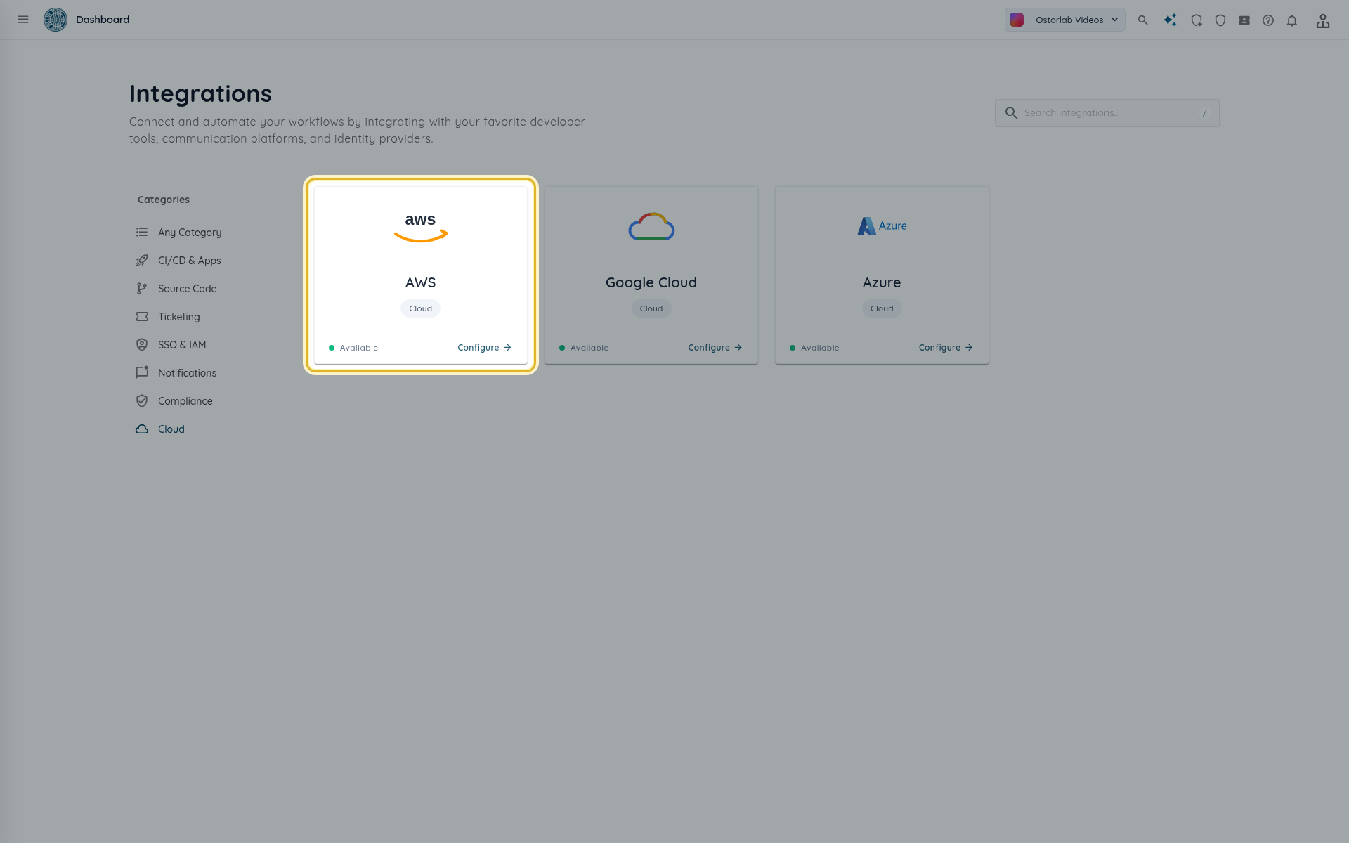 Cloud category with the AWS card