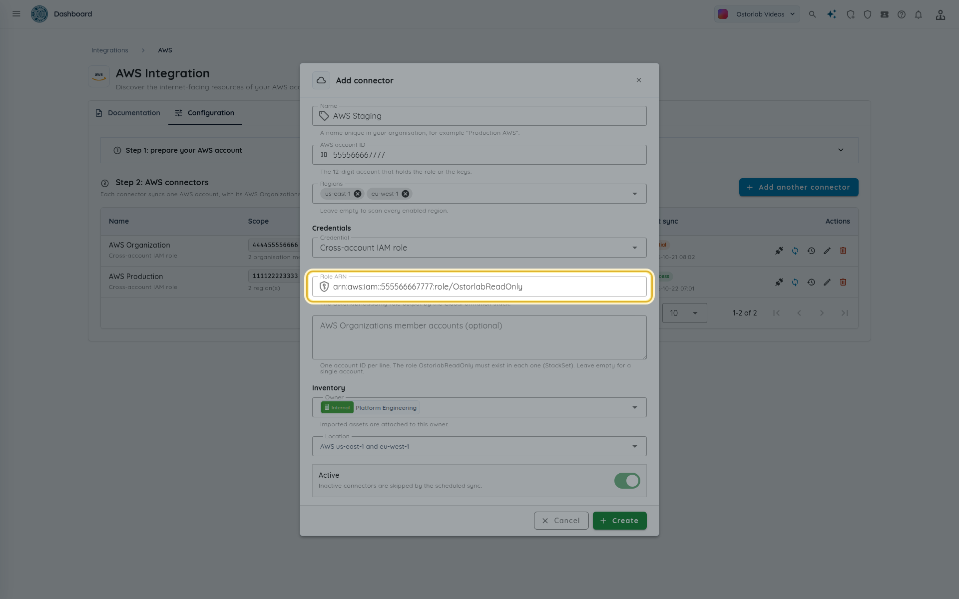 Add connector form with the role ARN highlighted