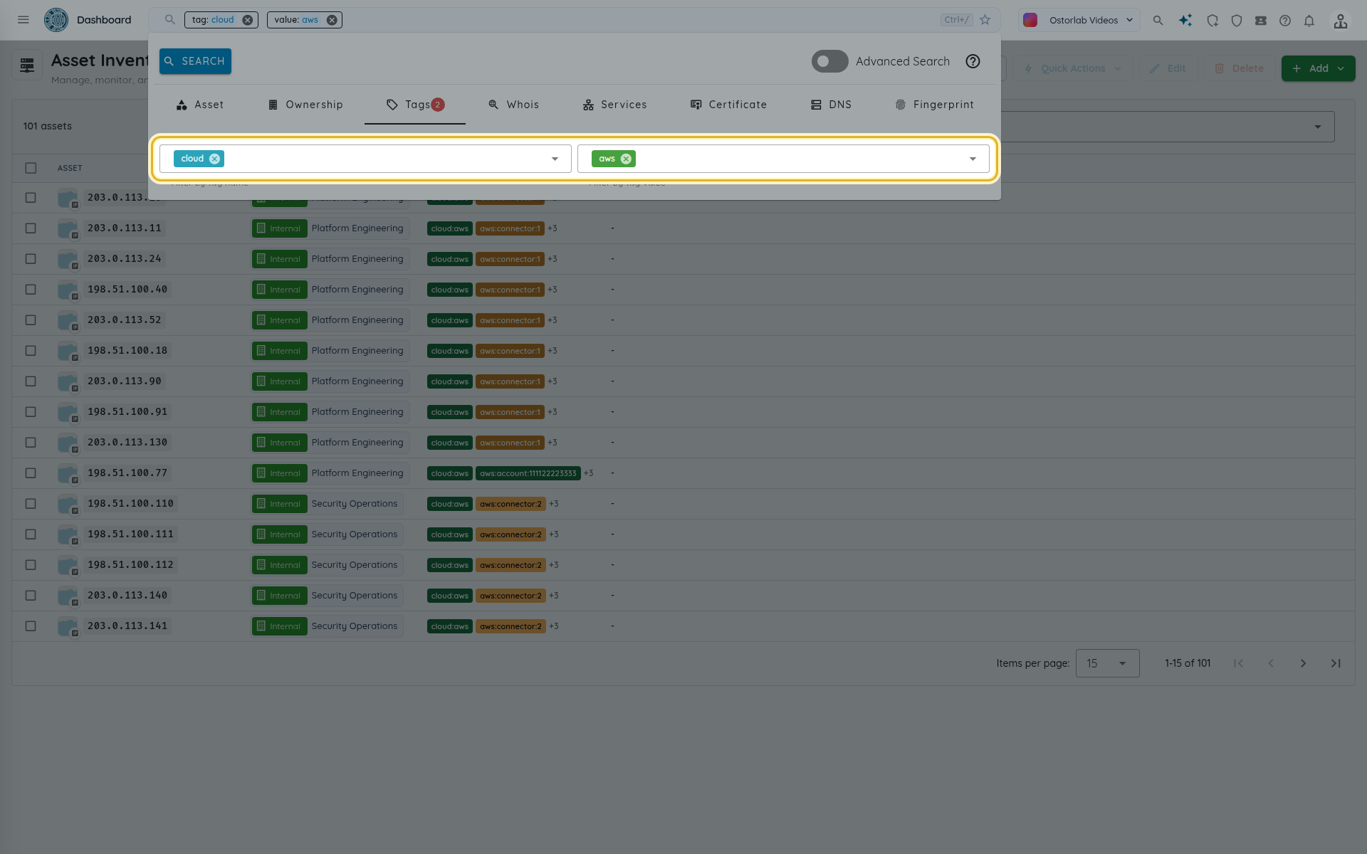 Inventory filtered with the cloud tag set to aws