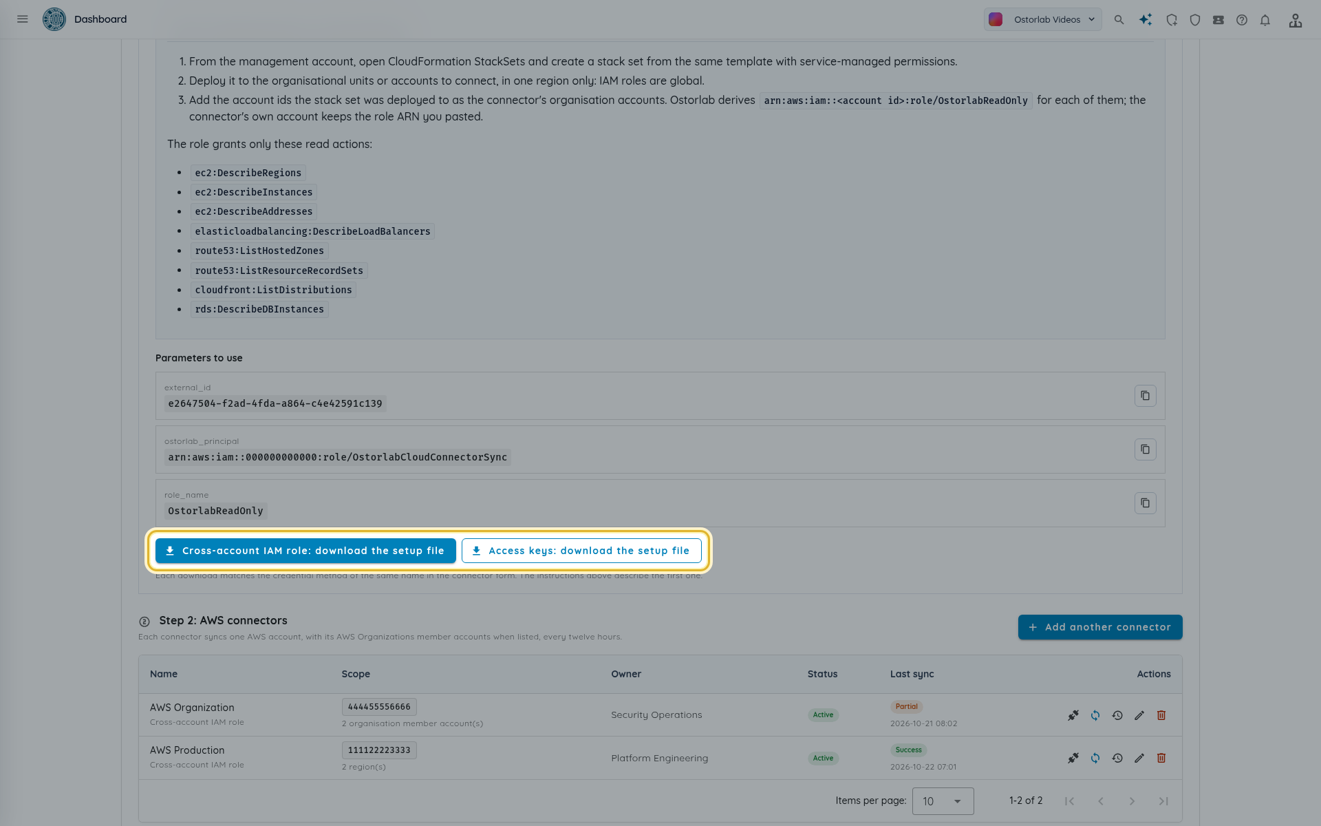 Setup step with the copyable parameters and the download buttons