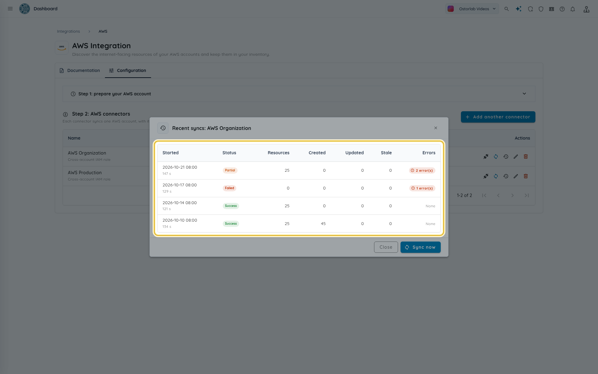 Recent syncs dialog