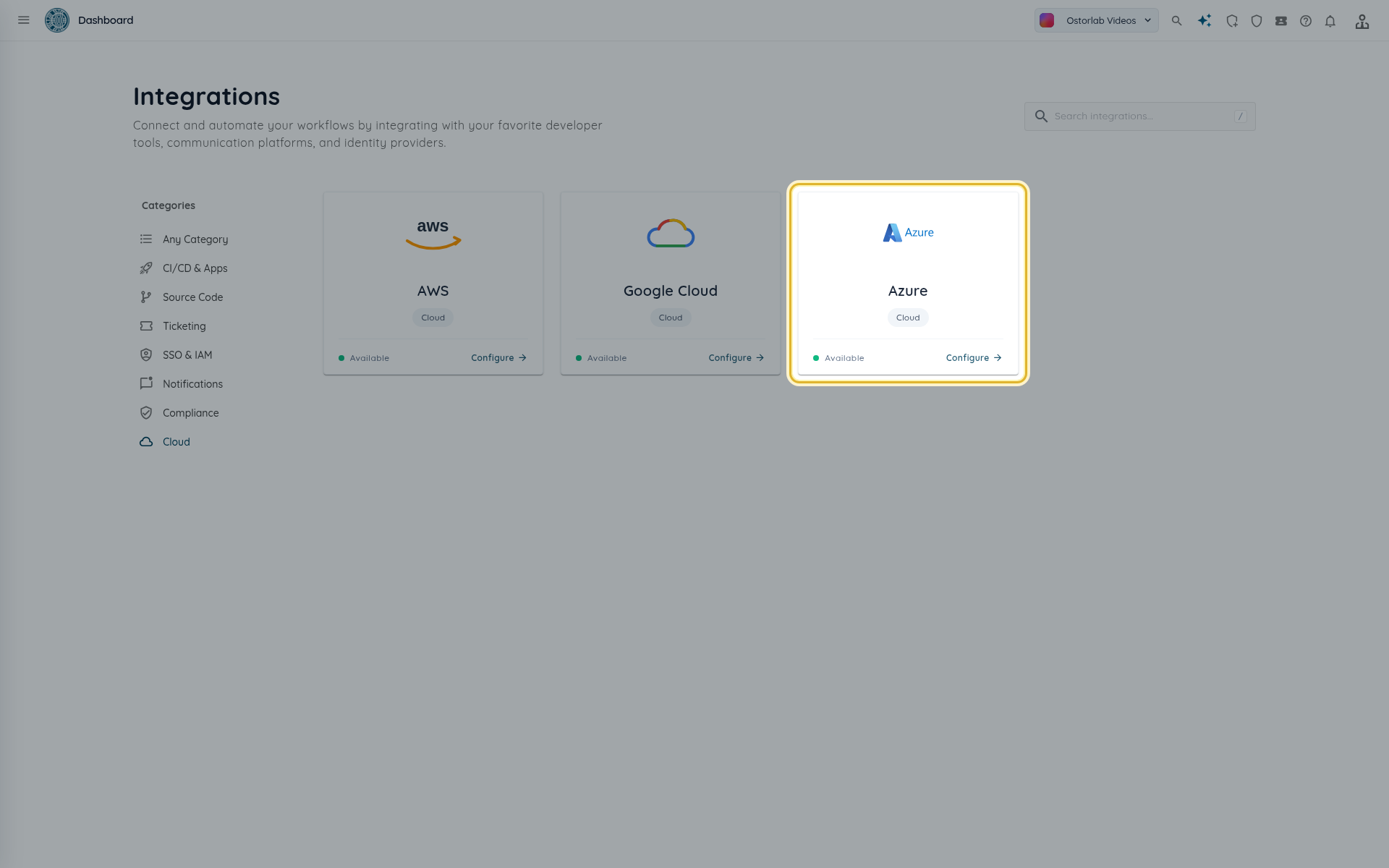 Cloud category with the Azure card