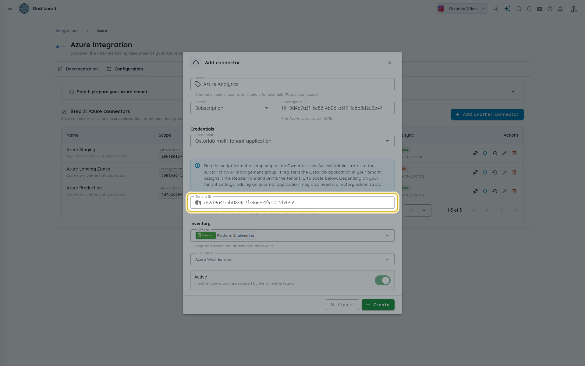 Add connector form with the tenant ID highlighted