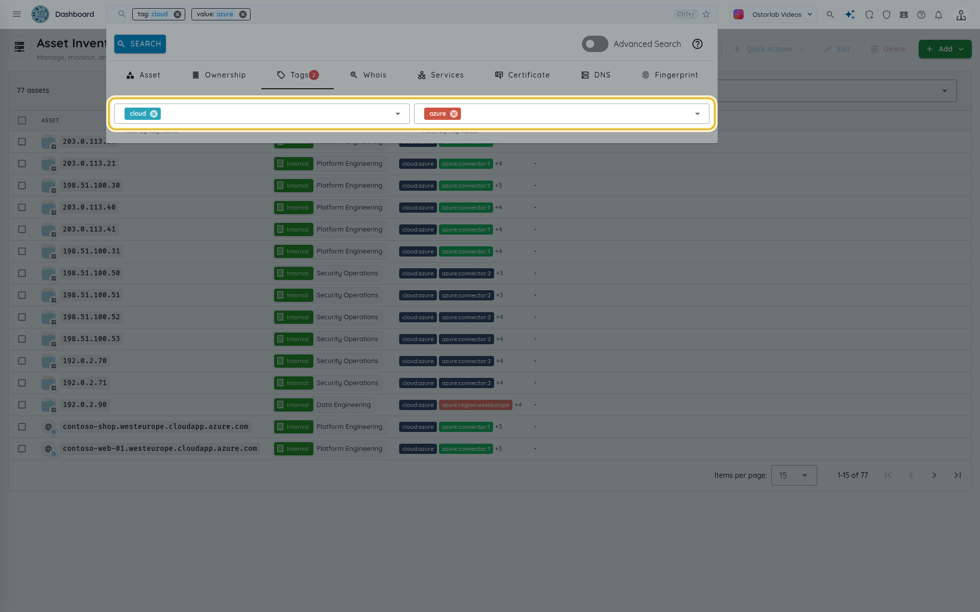 Inventory filtered with the cloud tag set to azure
