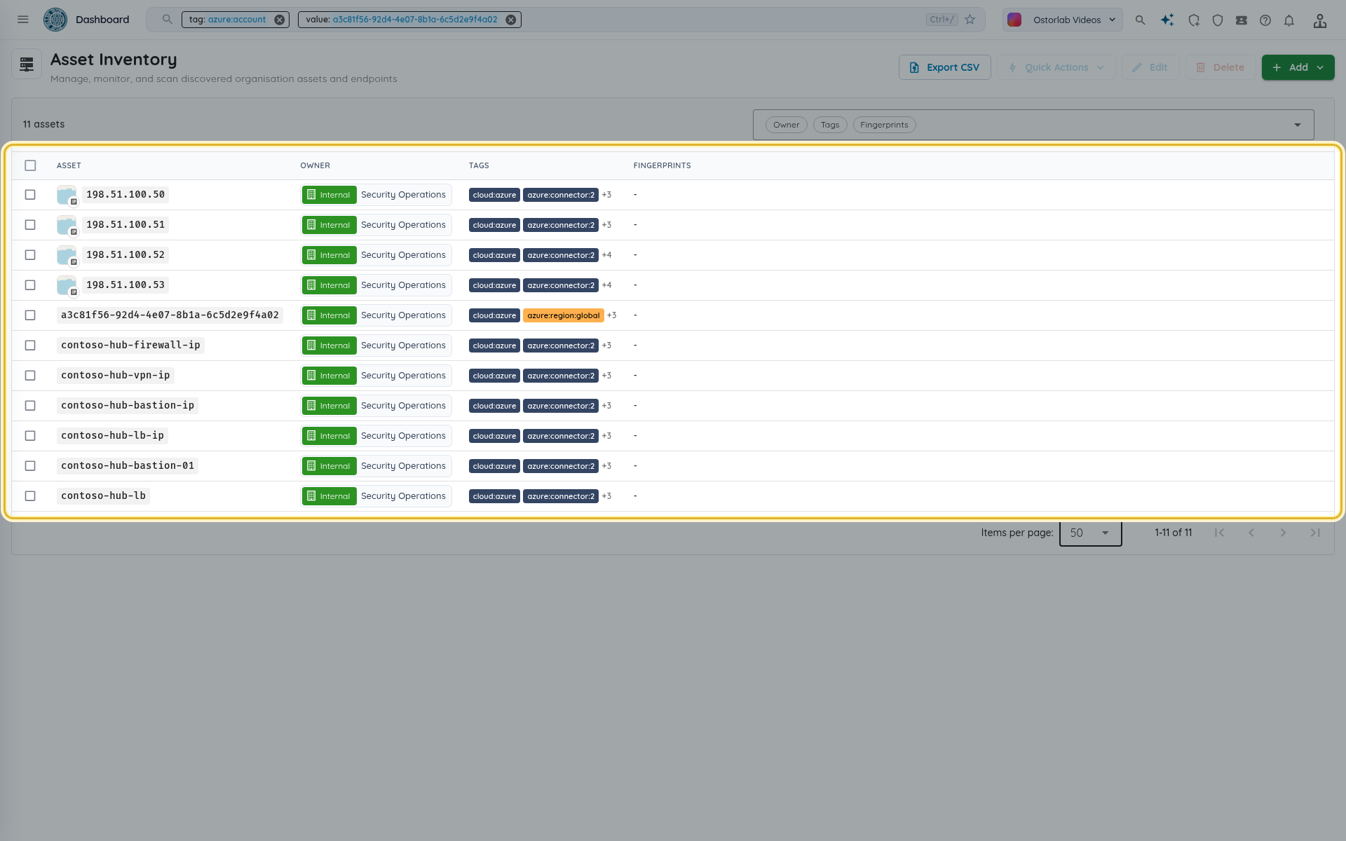 Assets of one subscription: IPs, hostnames and cloud nodes