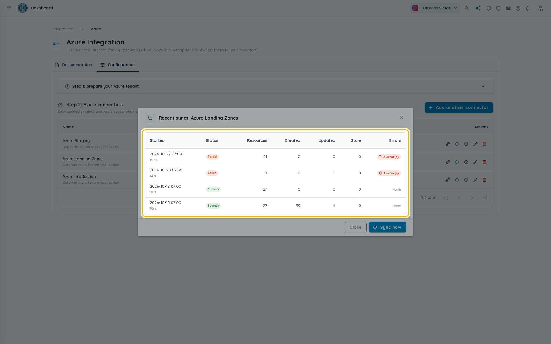 Recent syncs dialog