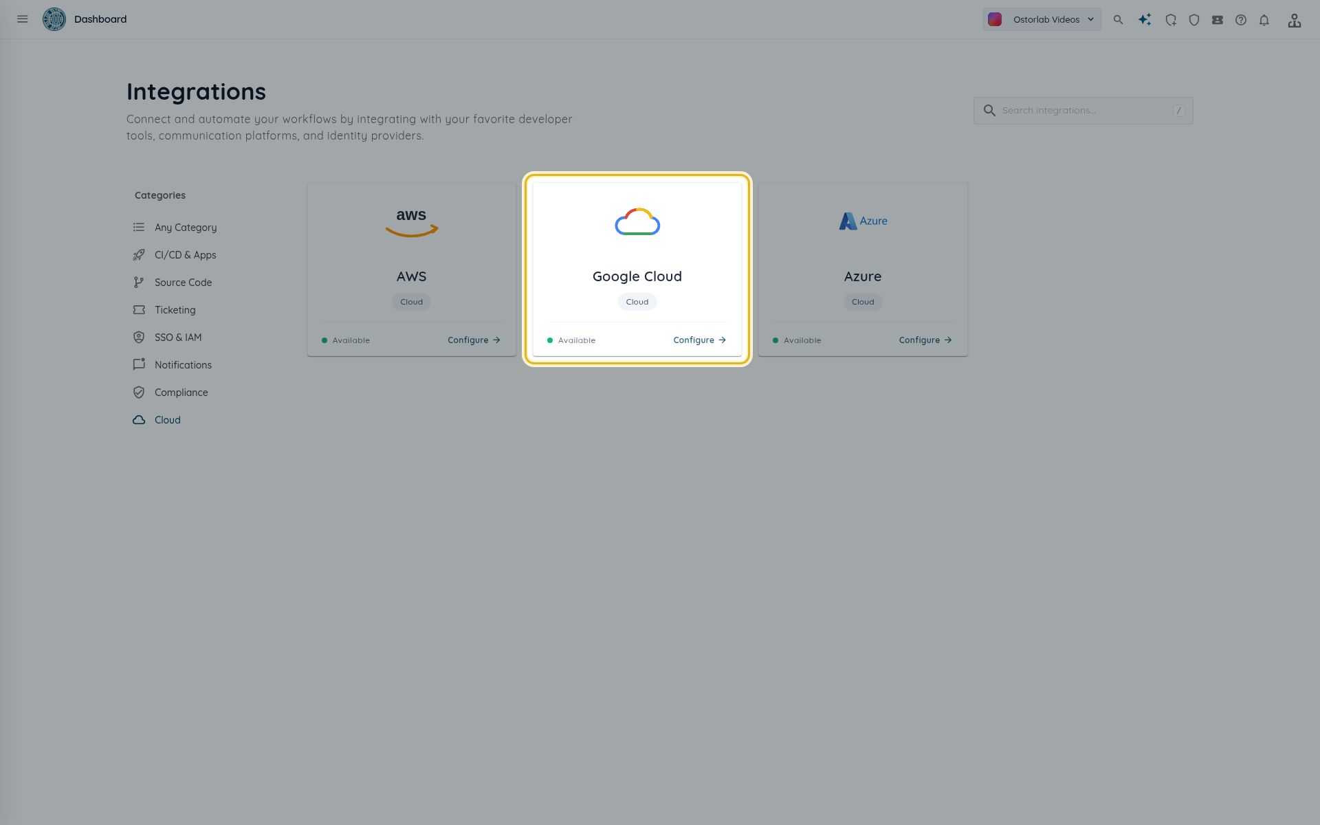 Cloud category with the Google Cloud card