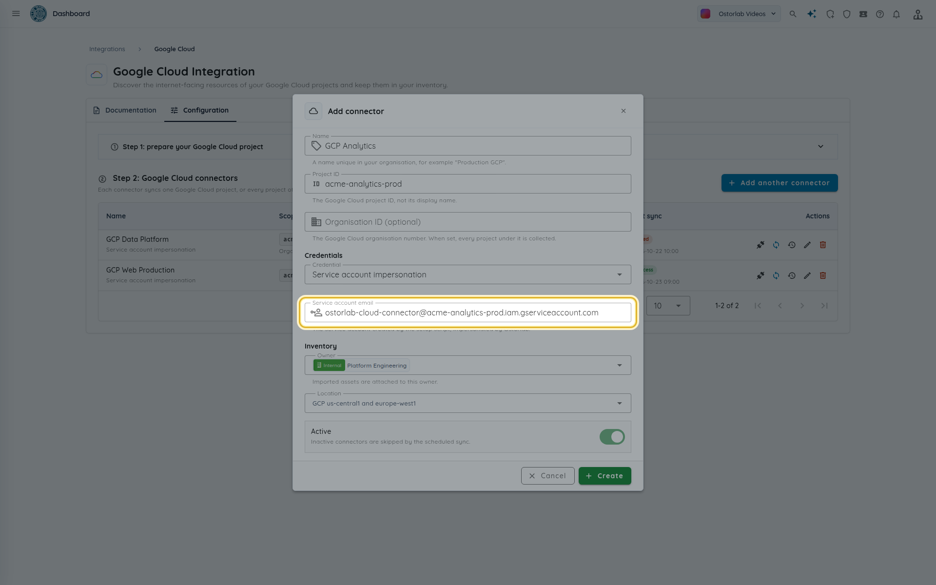 Add connector form with the service account email highlighted