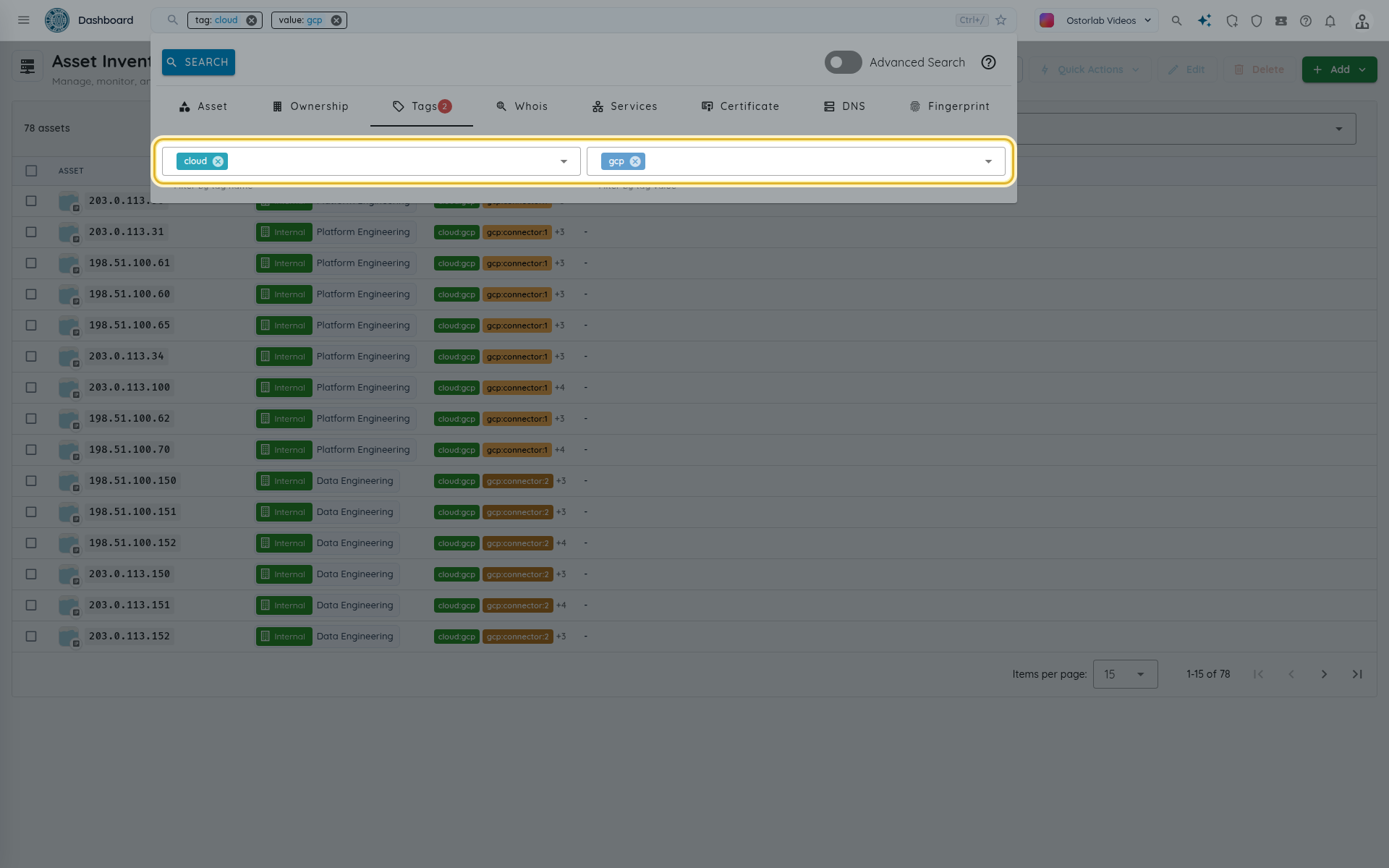 Inventory filtered with the cloud tag set to gcp
