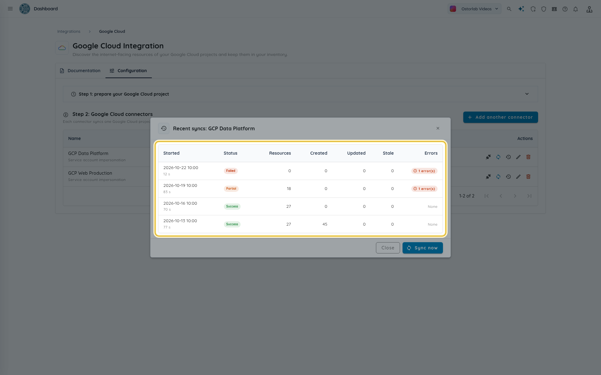 Recent syncs dialog