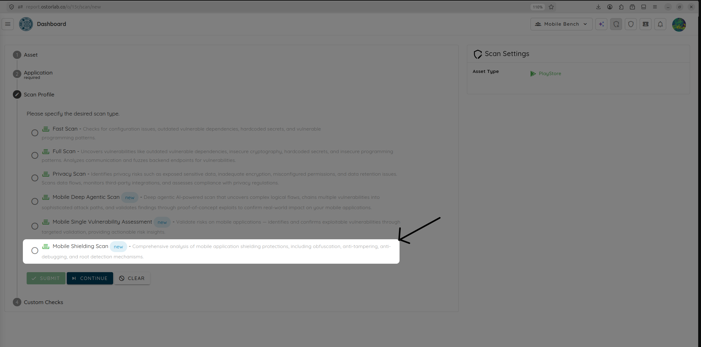 Select the Mobile Shielding Scan profile