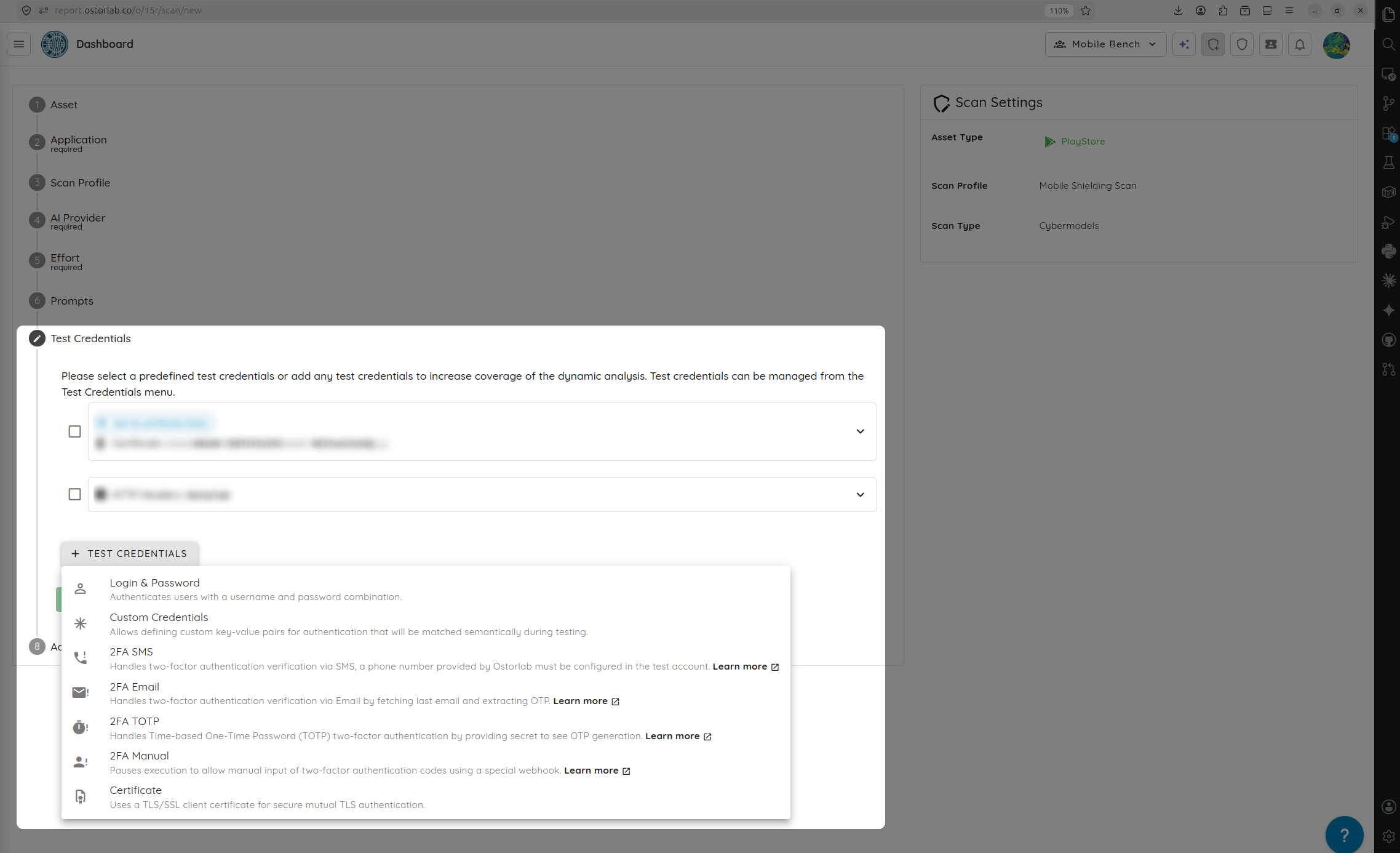 Add test credentials for the scan