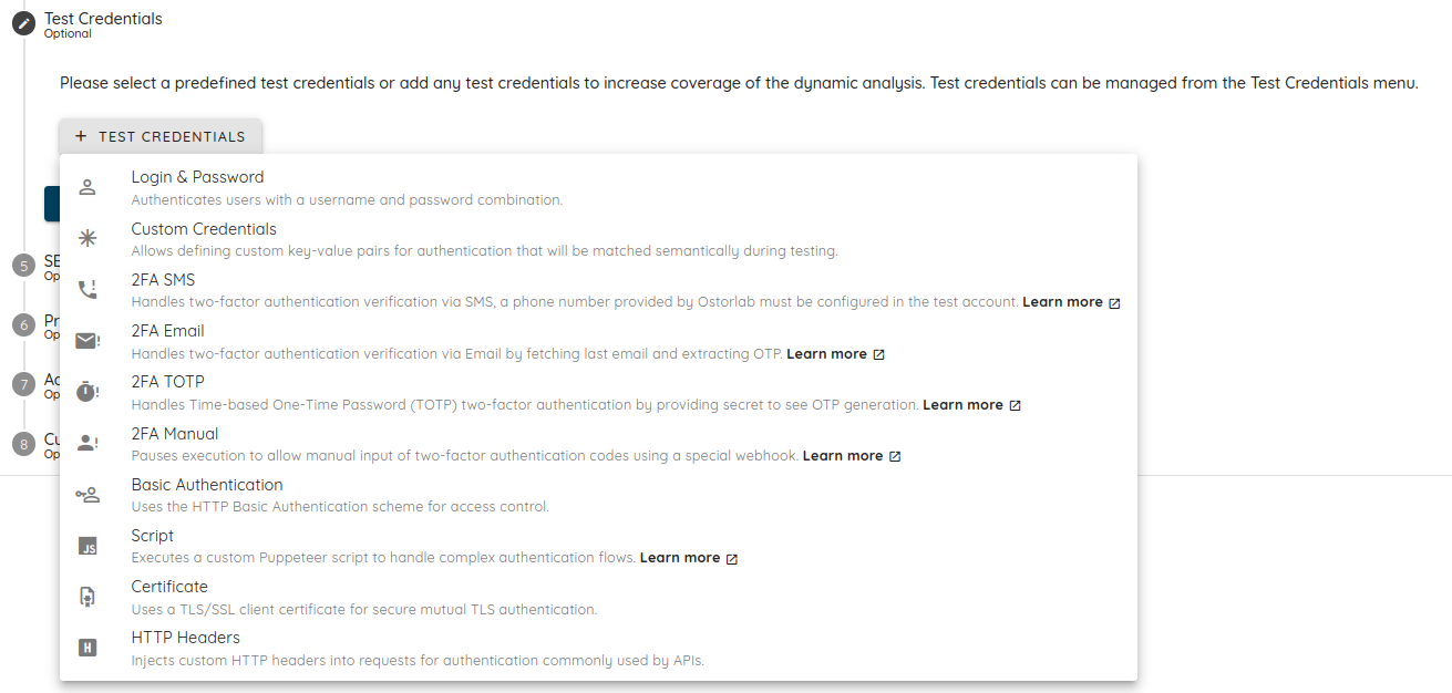 Test Credentials Options