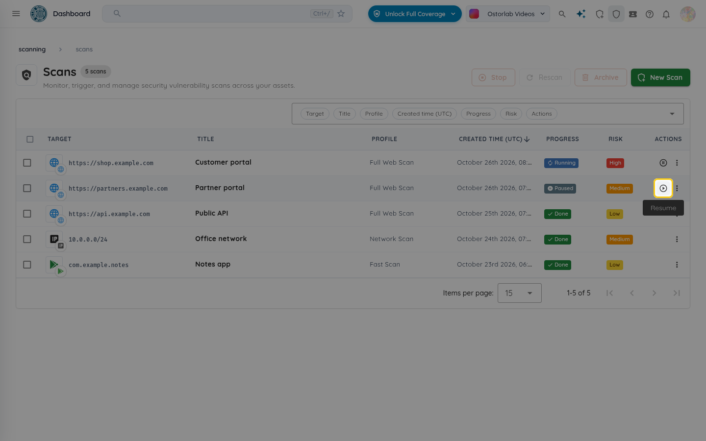 The resume button in the Actions column of a paused scan