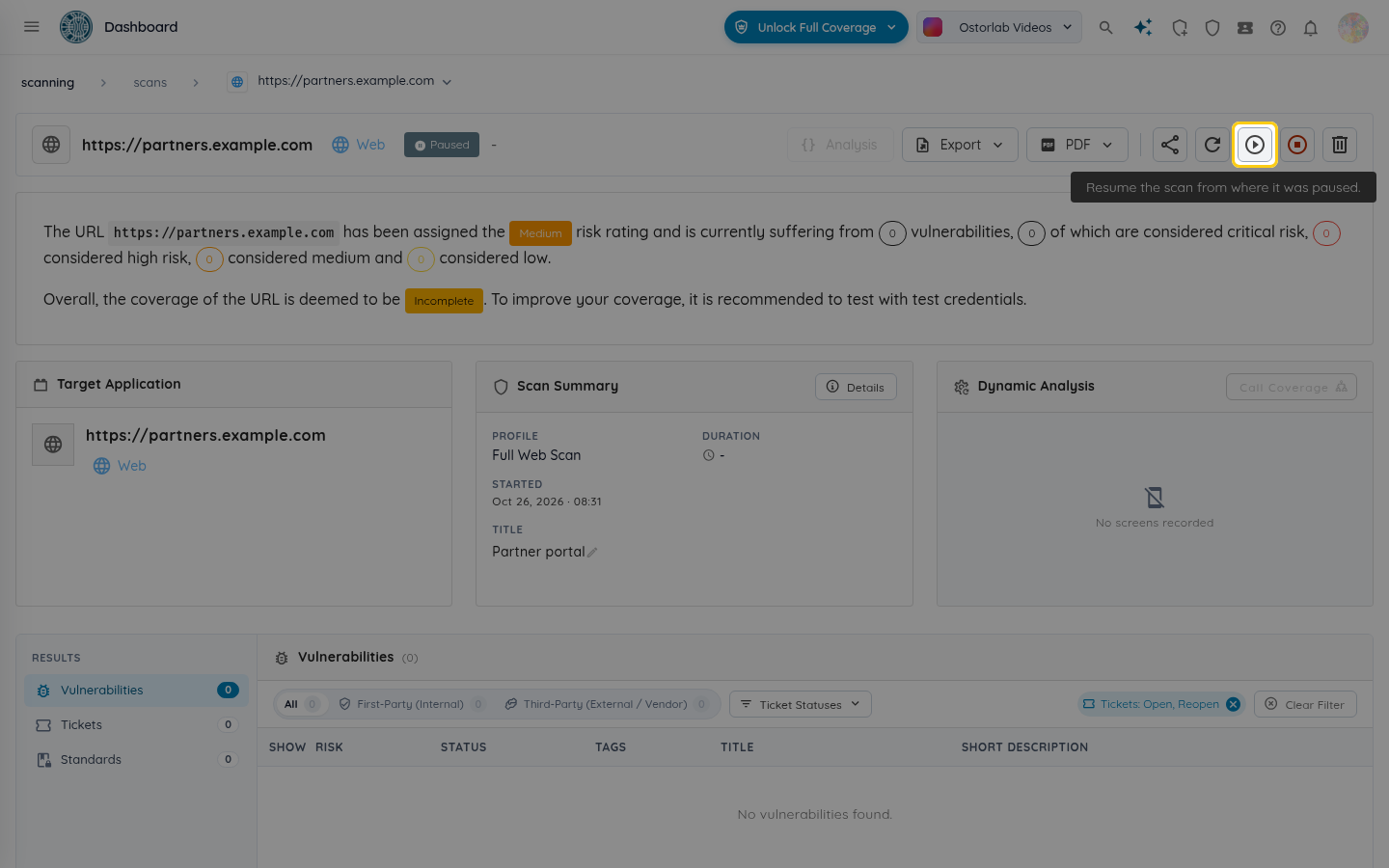 The resume button at the top right of the page of a paused scan