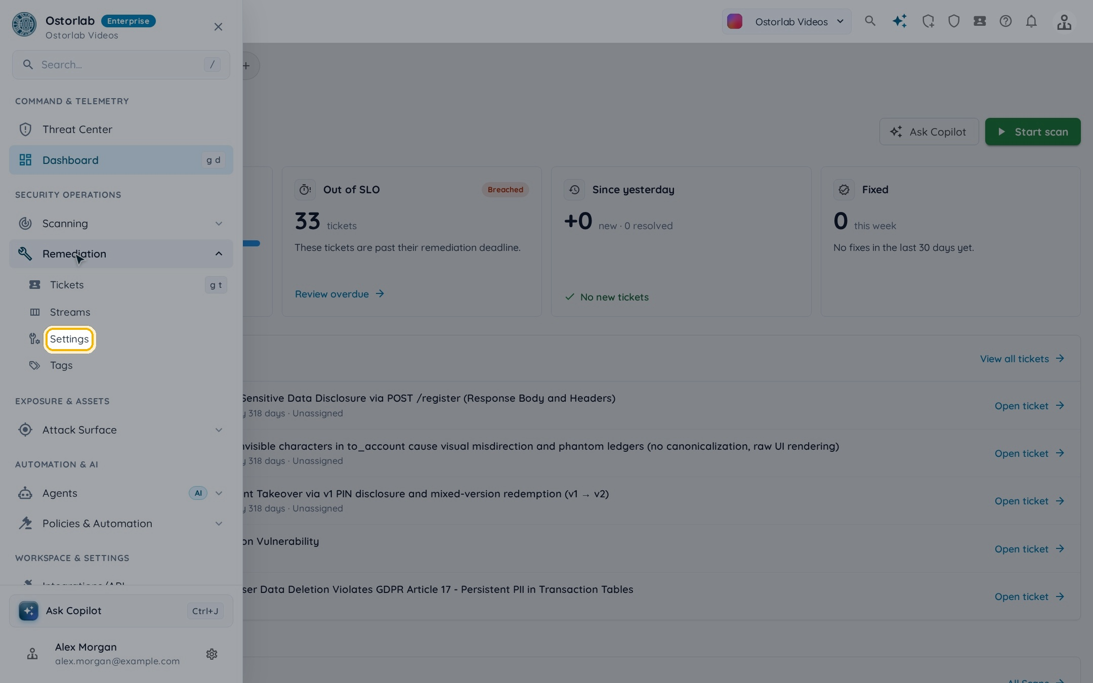 Remediation settings menu
