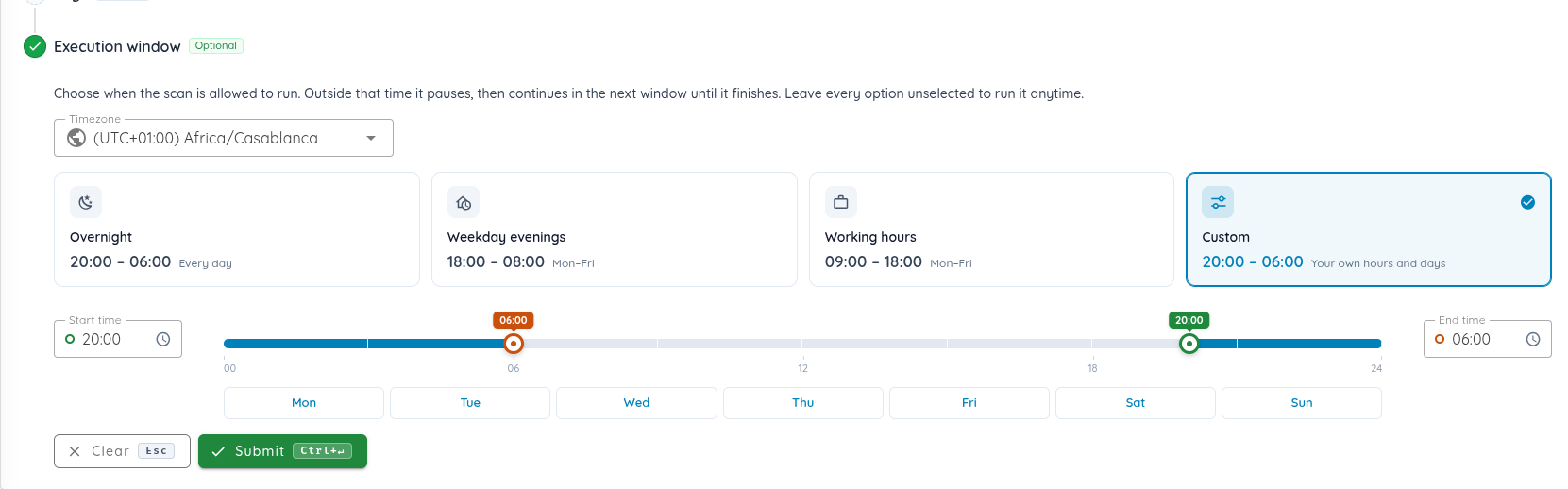 Custom execution window