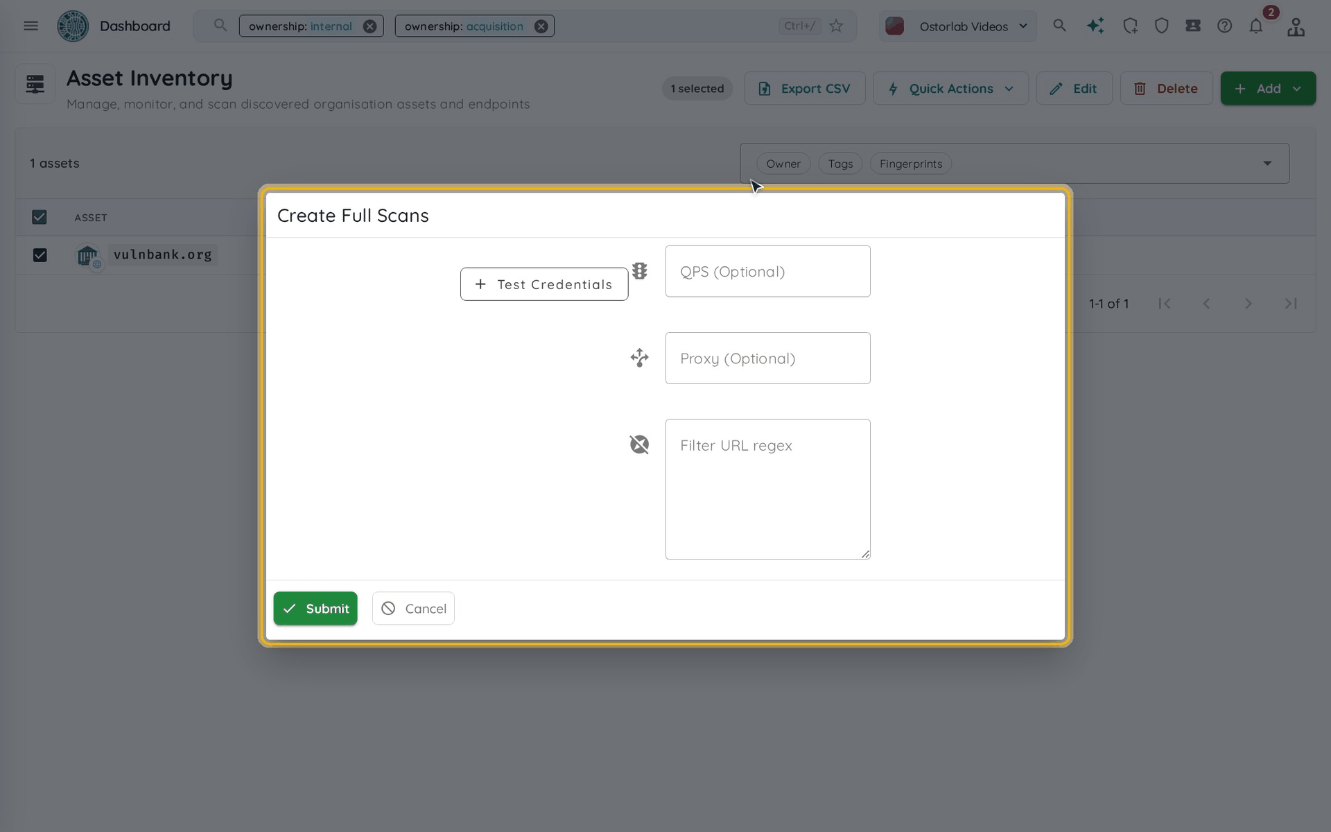 The Create Full Scans dialog