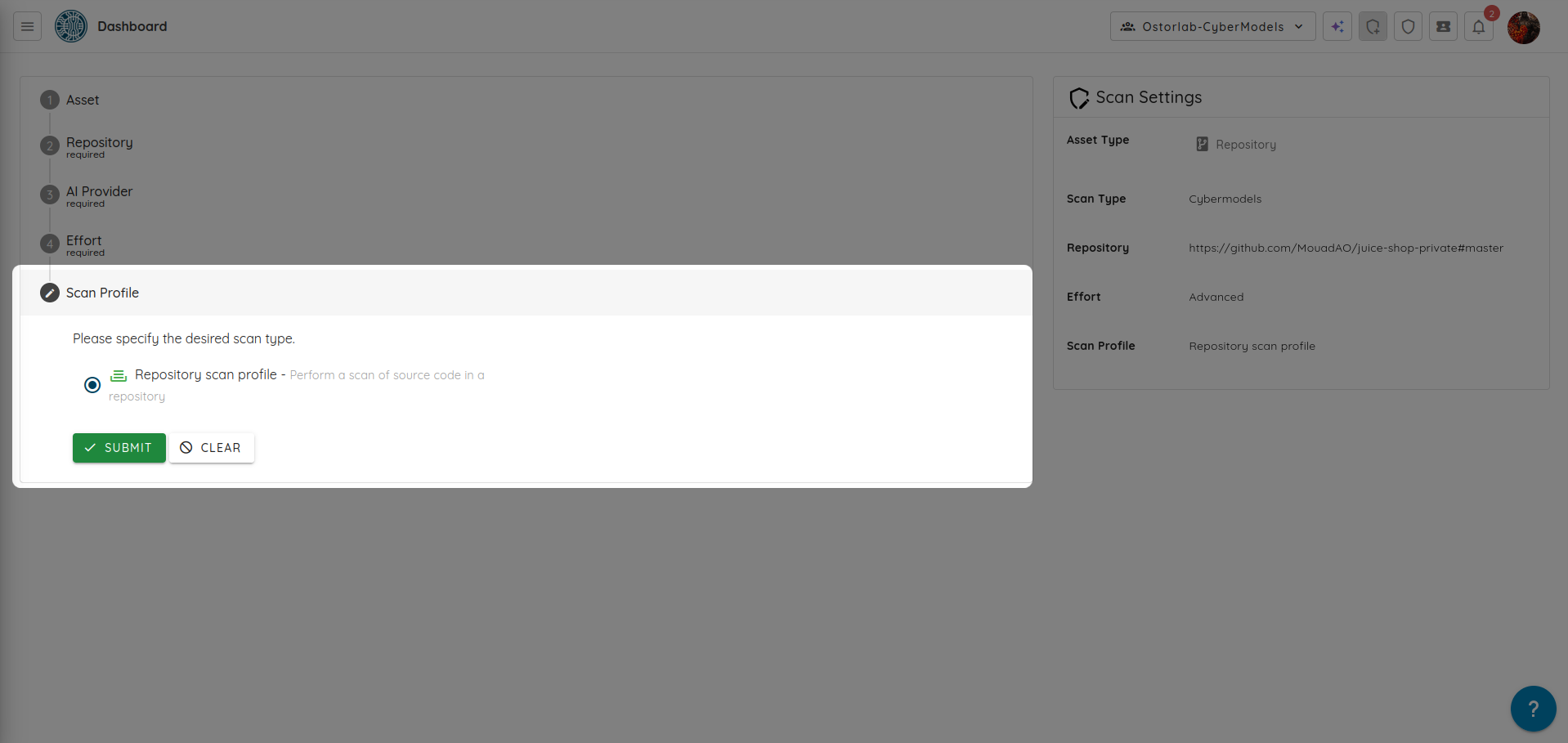 Select Repository Scan Profile
