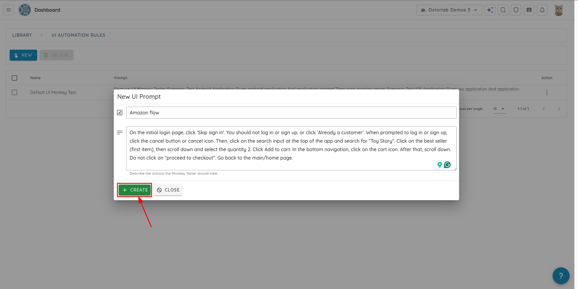Button to create the UI Prompt